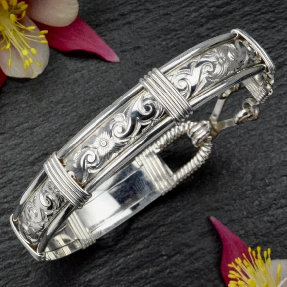Jewelry - Handmade Sterling Silver Waves & Flowers Patterned Wire Wrapped Bracelet - Silve